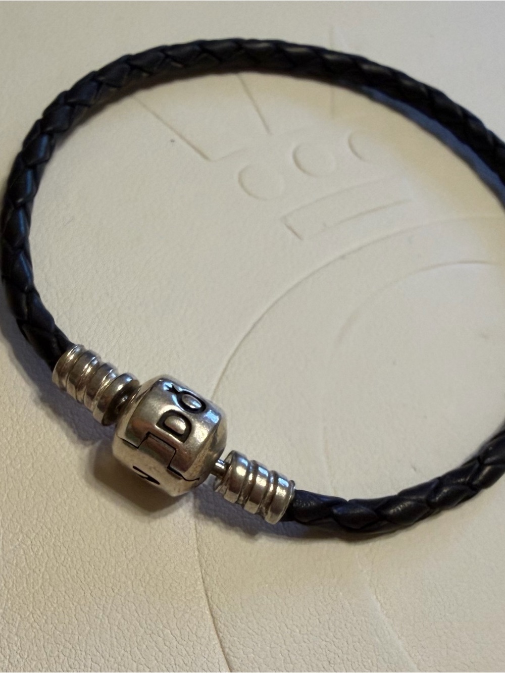 Pandora Silver Bangle and Black Braided Leather Bracelet Set 7.5” - Picture 5 of 6